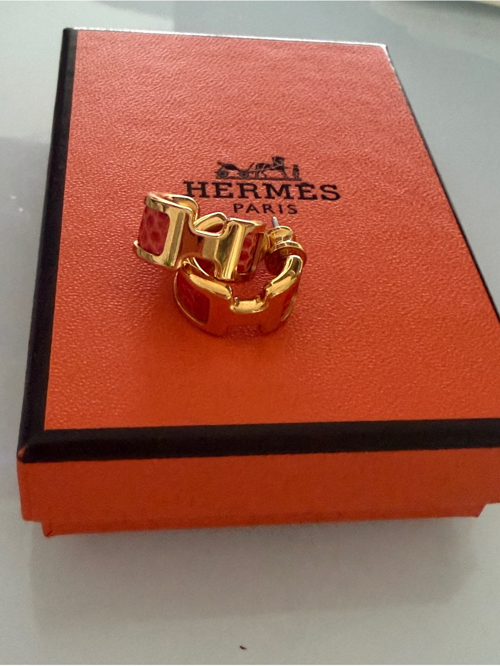 Hermes Gold Hoop Earrings with Red Enamel Accents